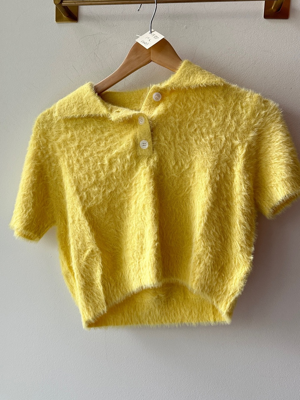 Mimosa, Yellow Fuzzy Cropped Polo Sweater P2P 19, Size S | 430